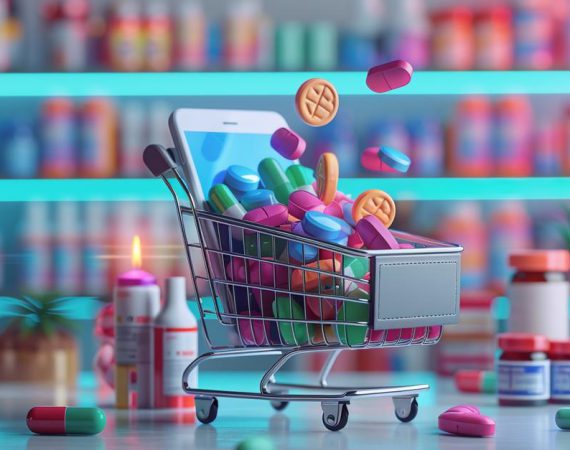 cart with pills and phone to shop from online pharamacy