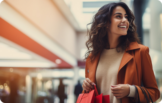 Happy woman shopping at a shopping mall.